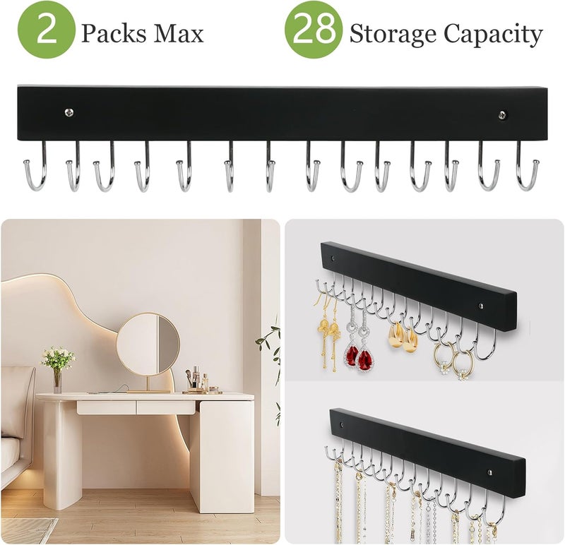 AnDock Necklace Holder Wall Mounted Jewelry Organizer - 2 Pack Wooden with 28 Hooks, Hanging Earring & Ring Bracelet Storage, Decorative Space-Saving Jewelry Display (Black) - Image 2